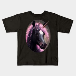 Unicorn Black and Pink Fairy Surreal Fantasy Creature Portrait Kids T-Shirt